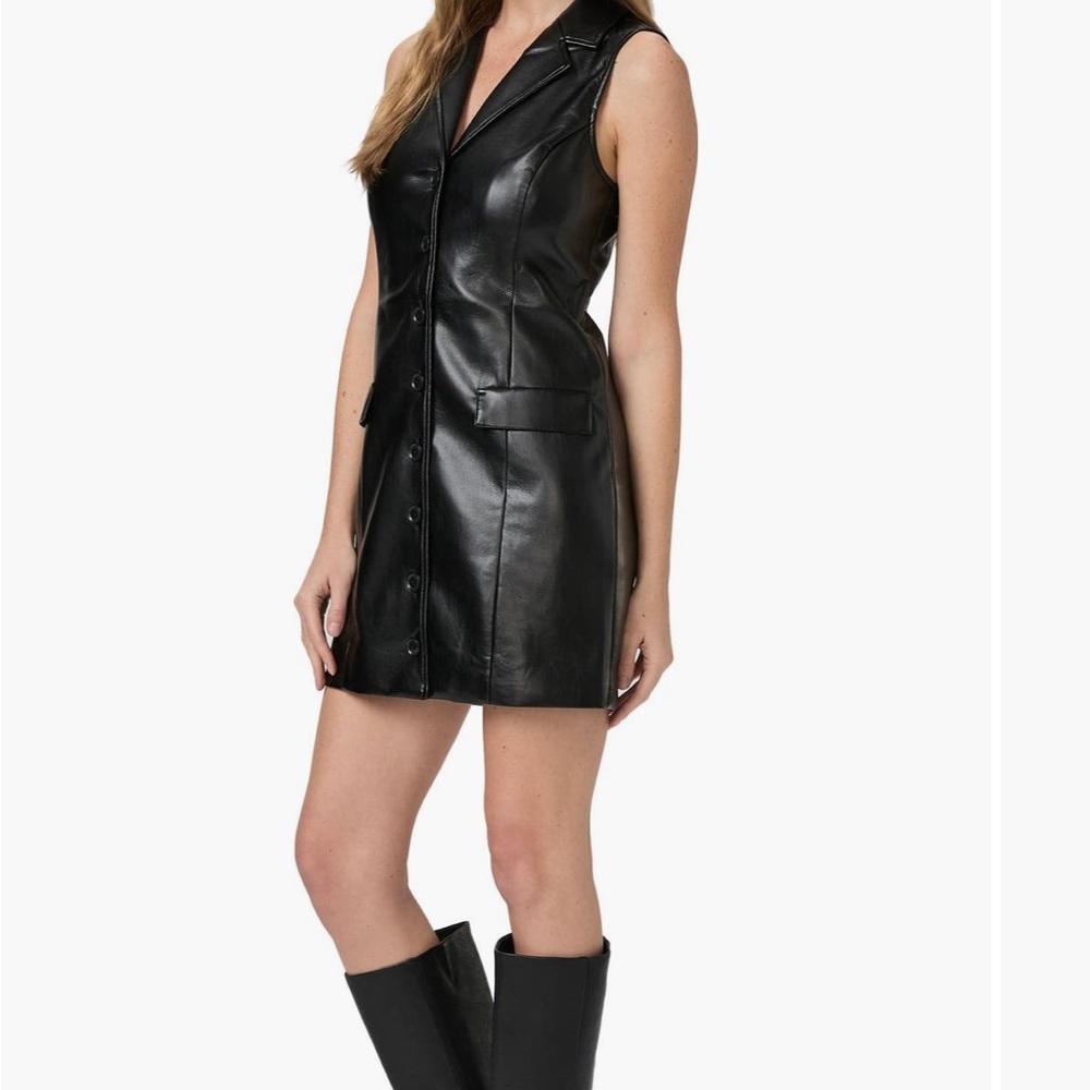 Paige Graciella Black Sleeveless Faux Leather Mini Dress Shirtdress Size 10 - Picture 3 of 10